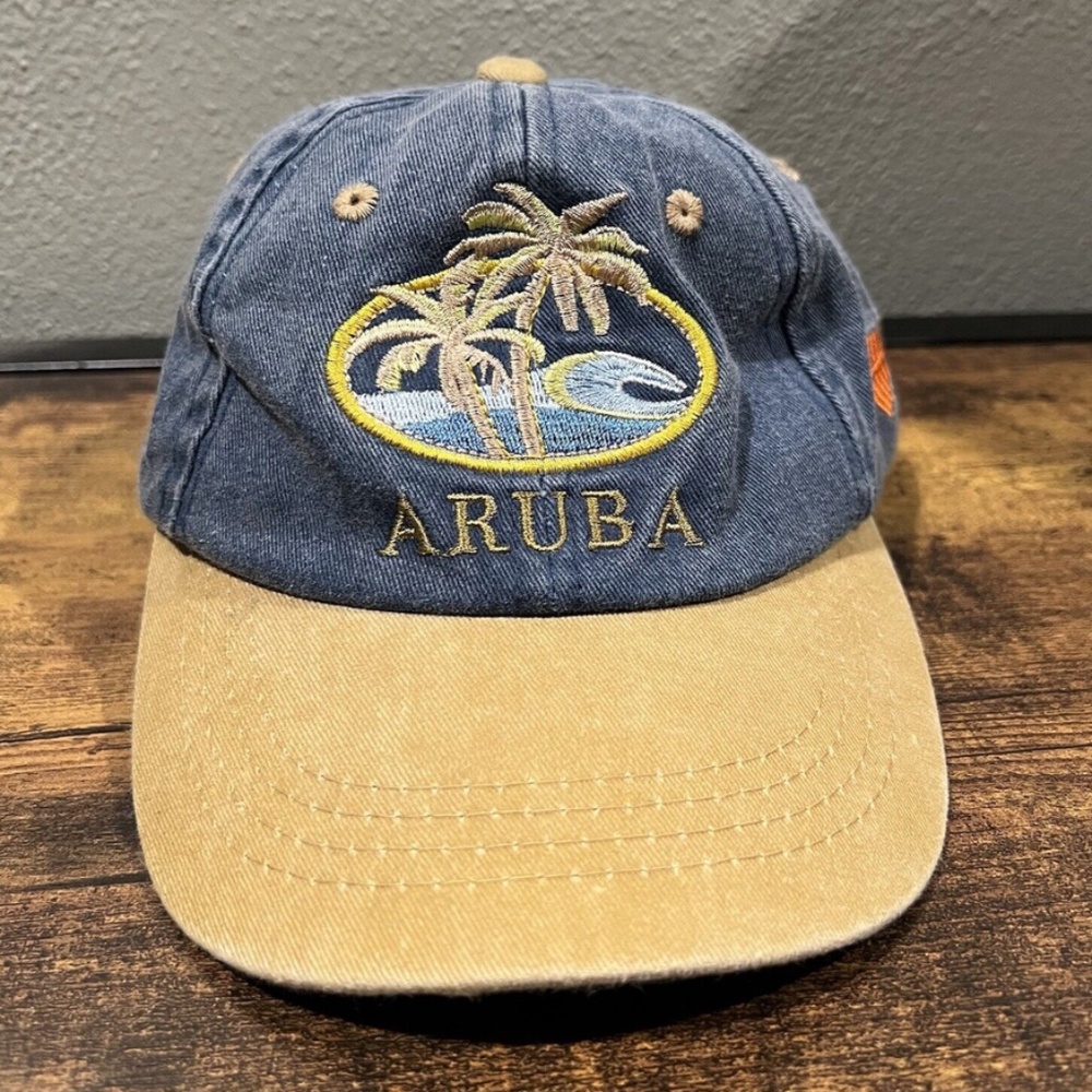 VINTAGE ARUBA BEACH WITH PALM TREES ADJUSTABLE BASEBALL HAT CAP USED FISH BONES